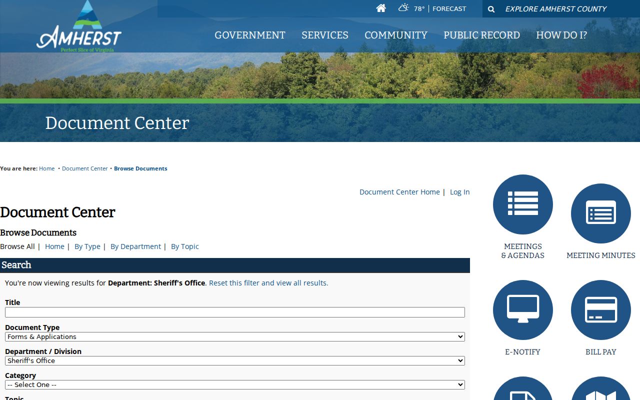 Amherst County active warrant public-record request through the Sheriff document center