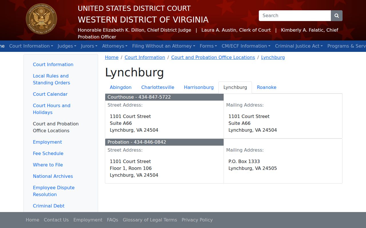 Amherst County federal warrant court location at the Lynchburg courthouse