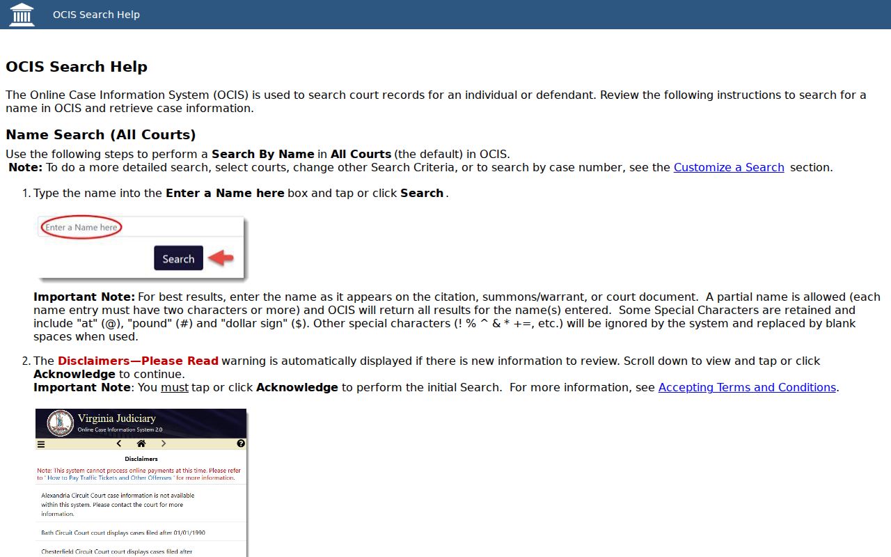Amherst County warrant lookup fields for a name or court case number