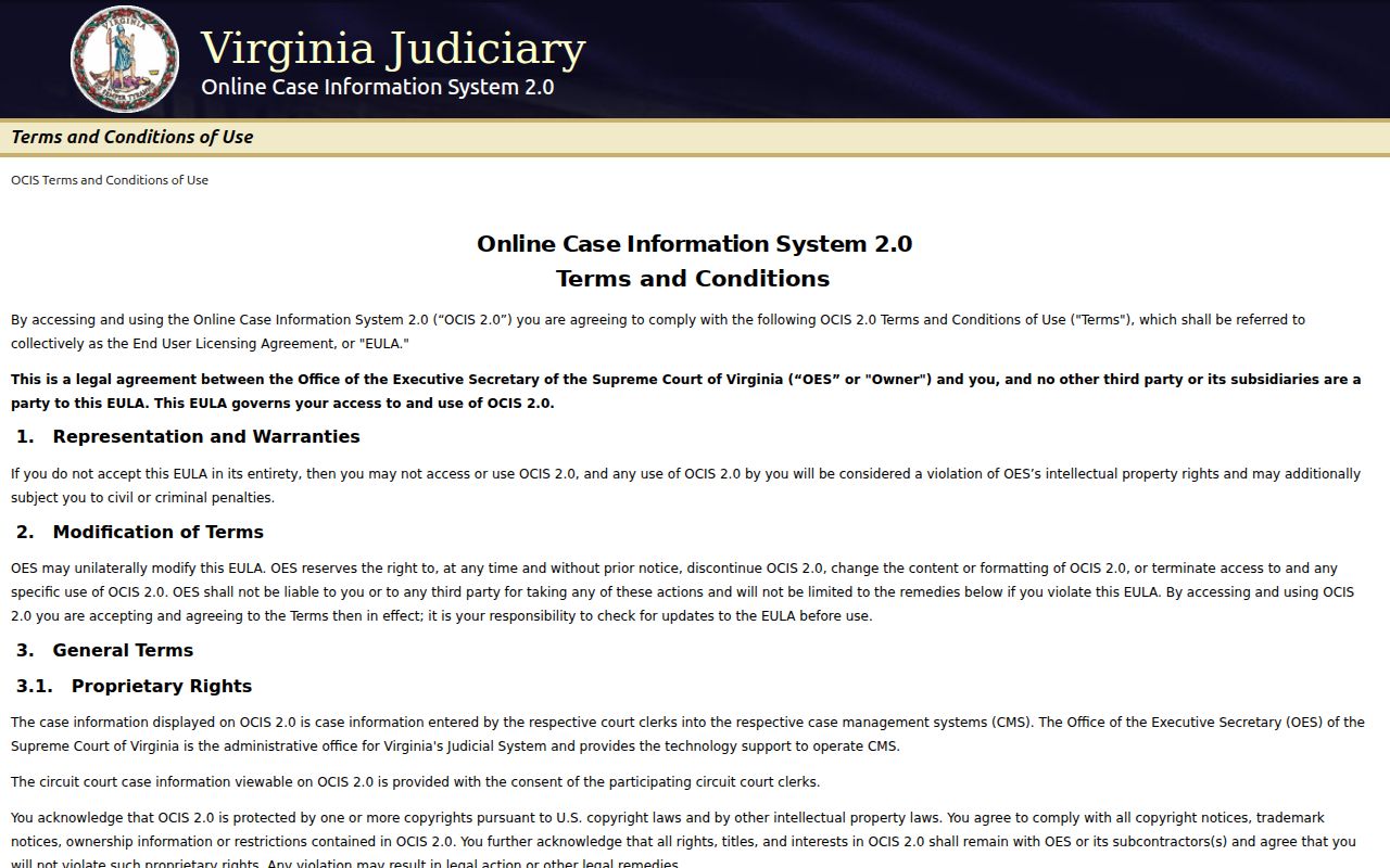 Amherst County warrant lookup begins at the OCIS disclaimer